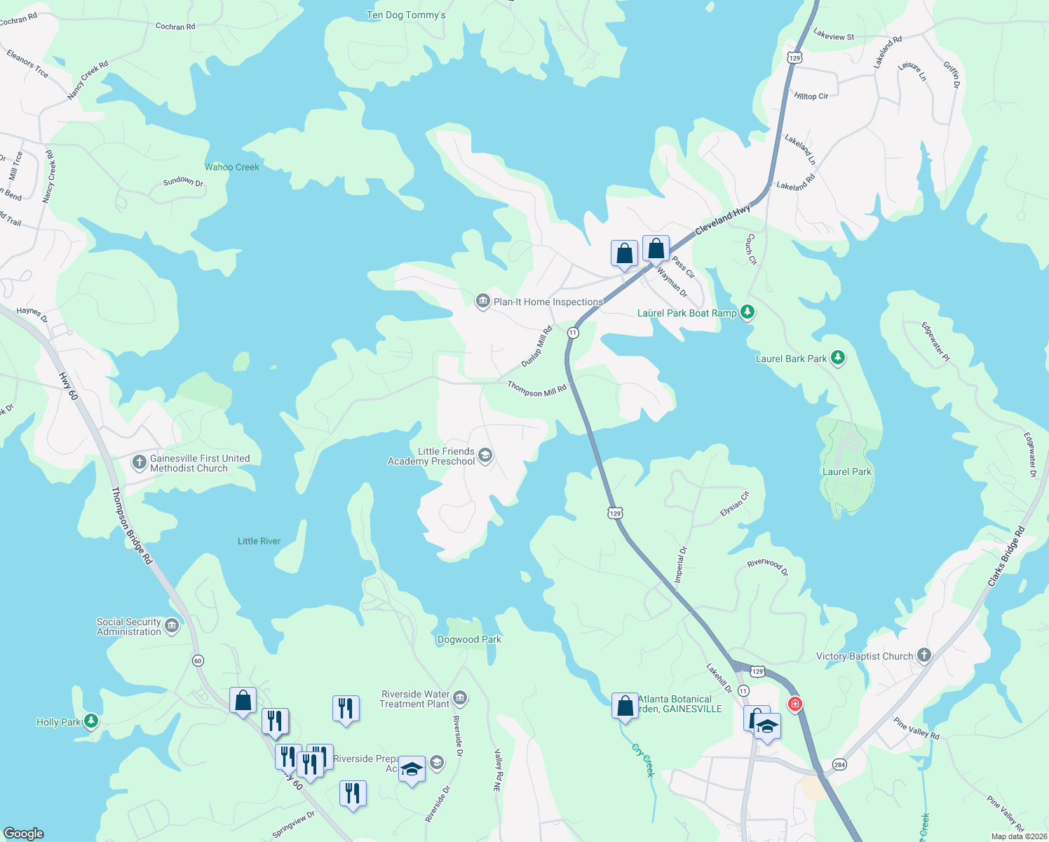 map of restaurants, bars, coffee shops, grocery stores, and more near 2723 Bridgewater Drive in Gainesville