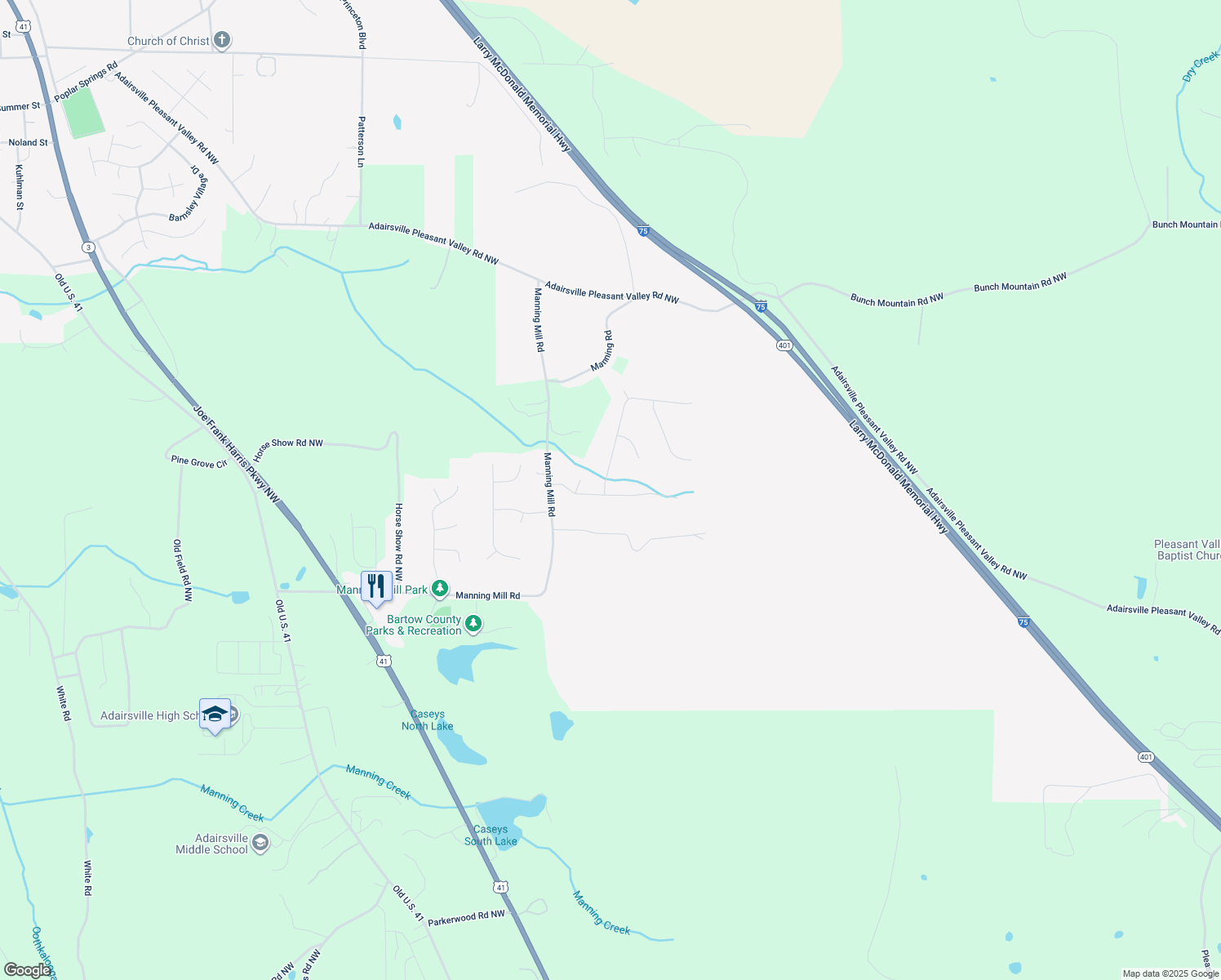 map of restaurants, bars, coffee shops, grocery stores, and more near 300 Rail Drive in Adairsville