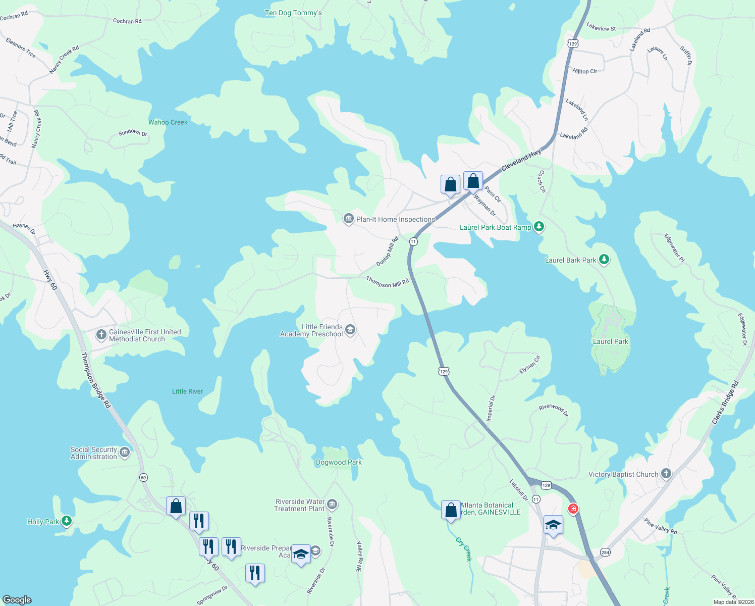 map of restaurants, bars, coffee shops, grocery stores, and more near 2723 Bridgewater Drive in Gainesville