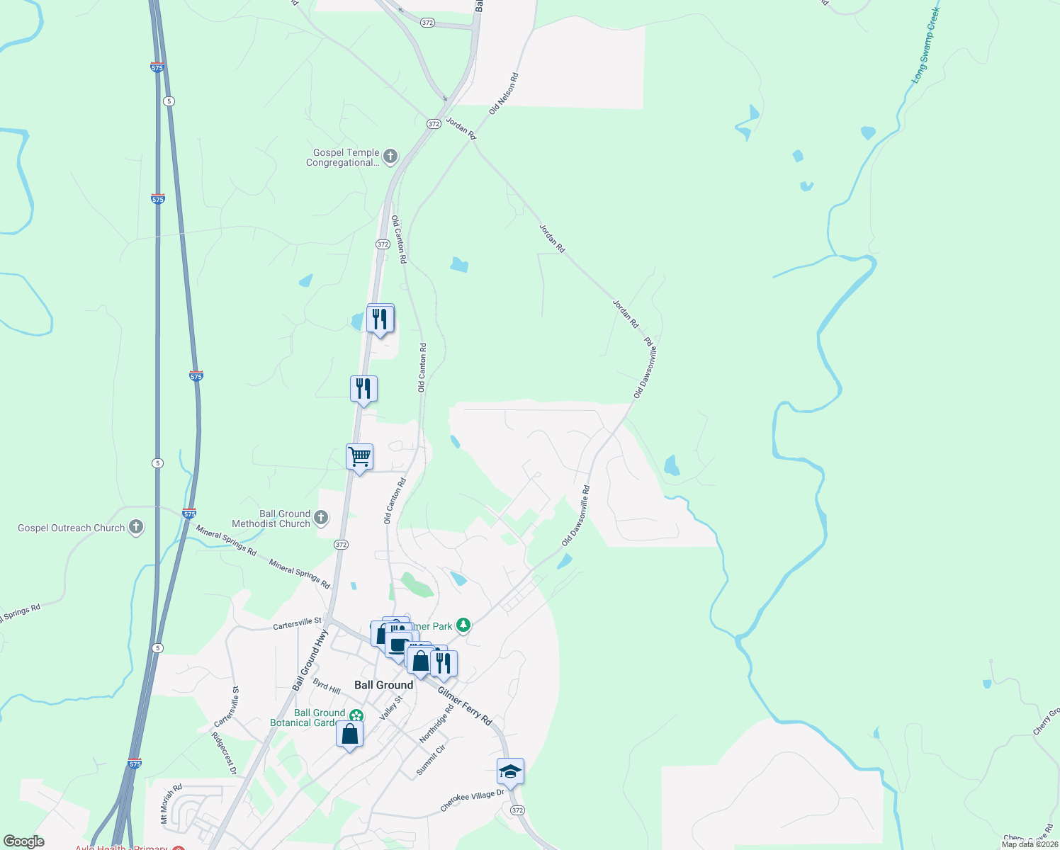 map of restaurants, bars, coffee shops, grocery stores, and more near 430 Tom Avery Drive in Ball Ground
