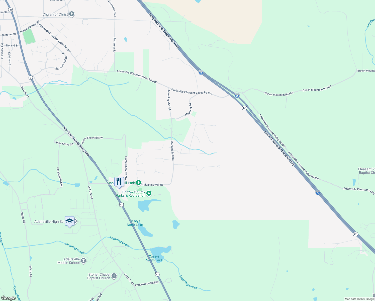 map of restaurants, bars, coffee shops, grocery stores, and more near 300 Rail Drive in Adairsville