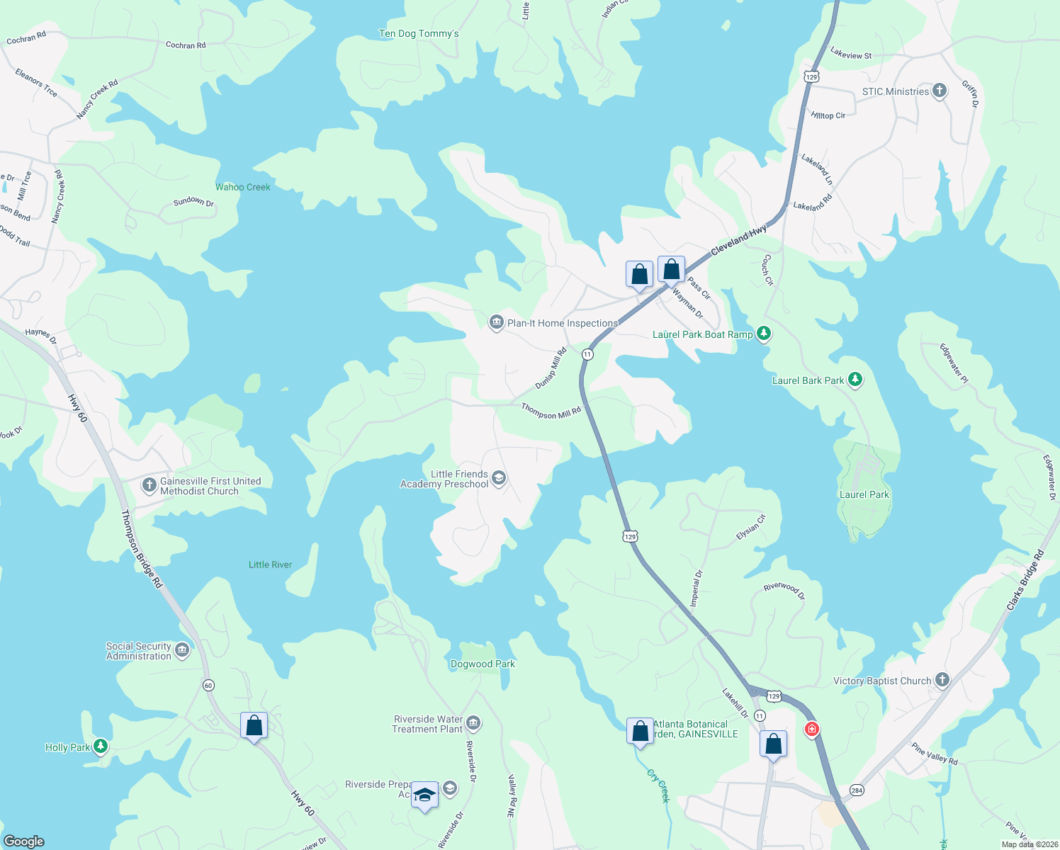 map of restaurants, bars, coffee shops, grocery stores, and more near 2403 Thompson Mill Road in Gainesville
