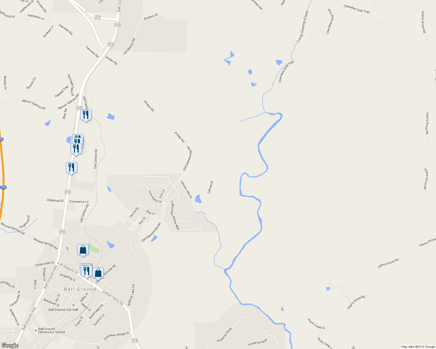 map of restaurants, bars, coffee shops, grocery stores, and more near 314 Calusa Place in Ball Ground