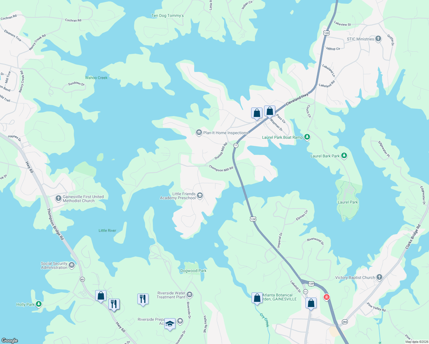 map of restaurants, bars, coffee shops, grocery stores, and more near 2403 Thompson Mill Road in Gainesville
