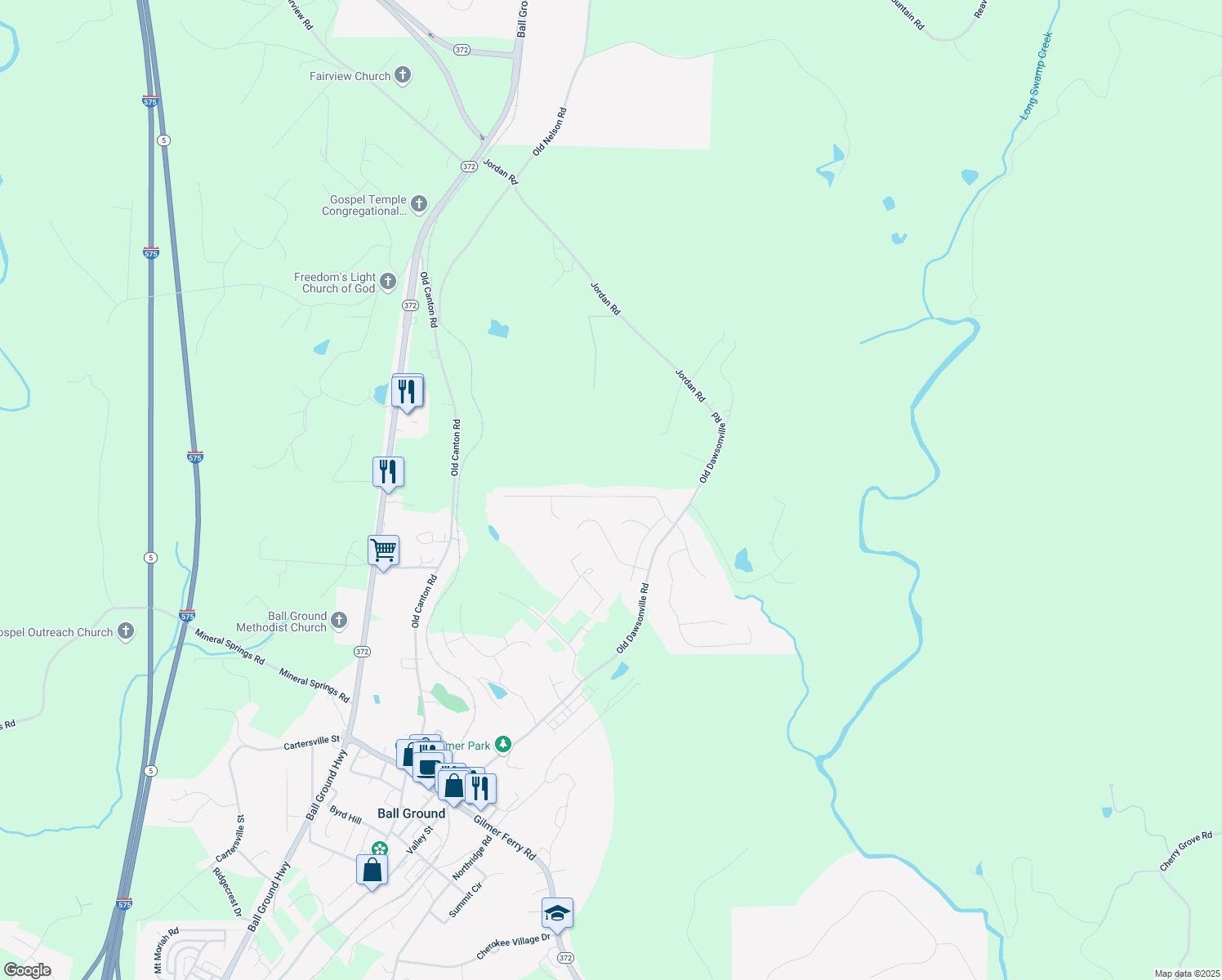 map of restaurants, bars, coffee shops, grocery stores, and more near 130 North Mountain Brooke Drive in Ball Ground