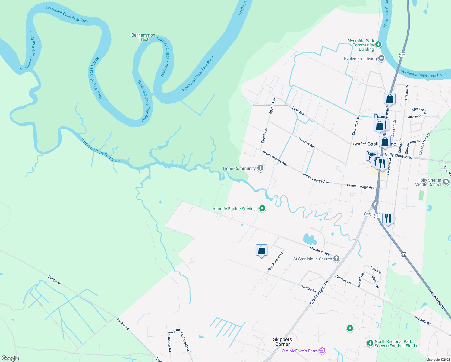 map of restaurants, bars, coffee shops, grocery stores, and more near 5036 Marathon Landing Court in Castle Hayne