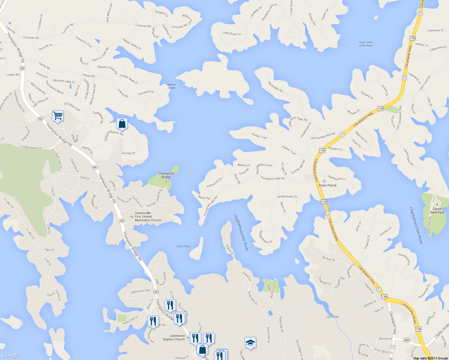 map of restaurants, bars, coffee shops, grocery stores, and more near 2536 Katherine Circle in Gainesville