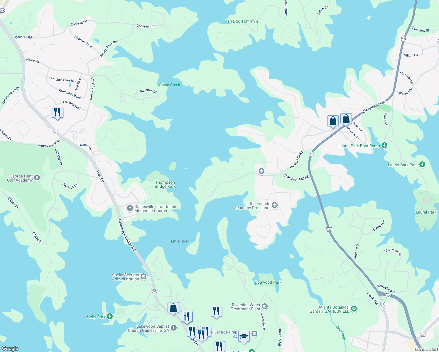 map of restaurants, bars, coffee shops, grocery stores, and more near 2536 Katherine Circle in Gainesville