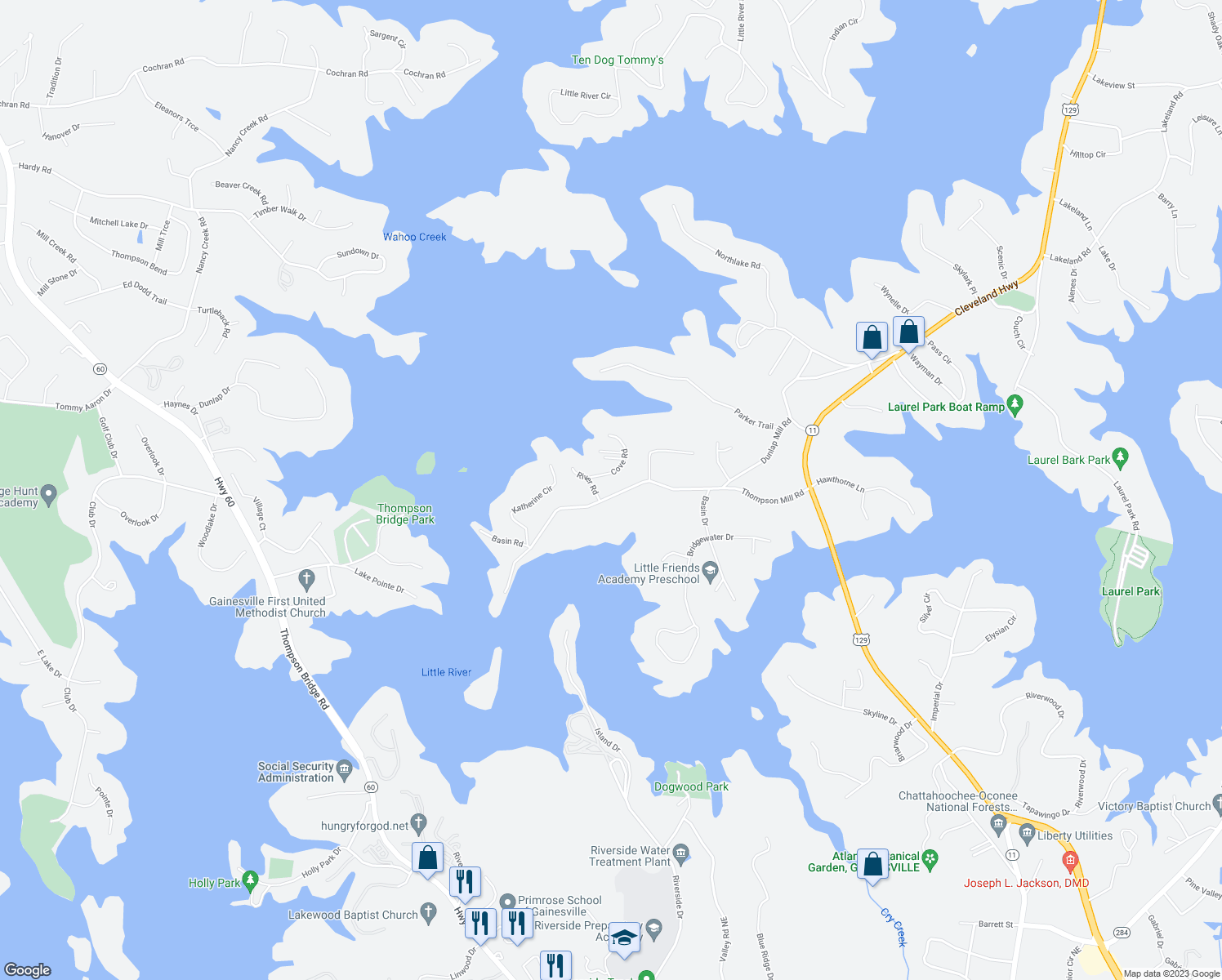 map of restaurants, bars, coffee shops, grocery stores, and more near 2440 Thompson Mill Road in Gainesville