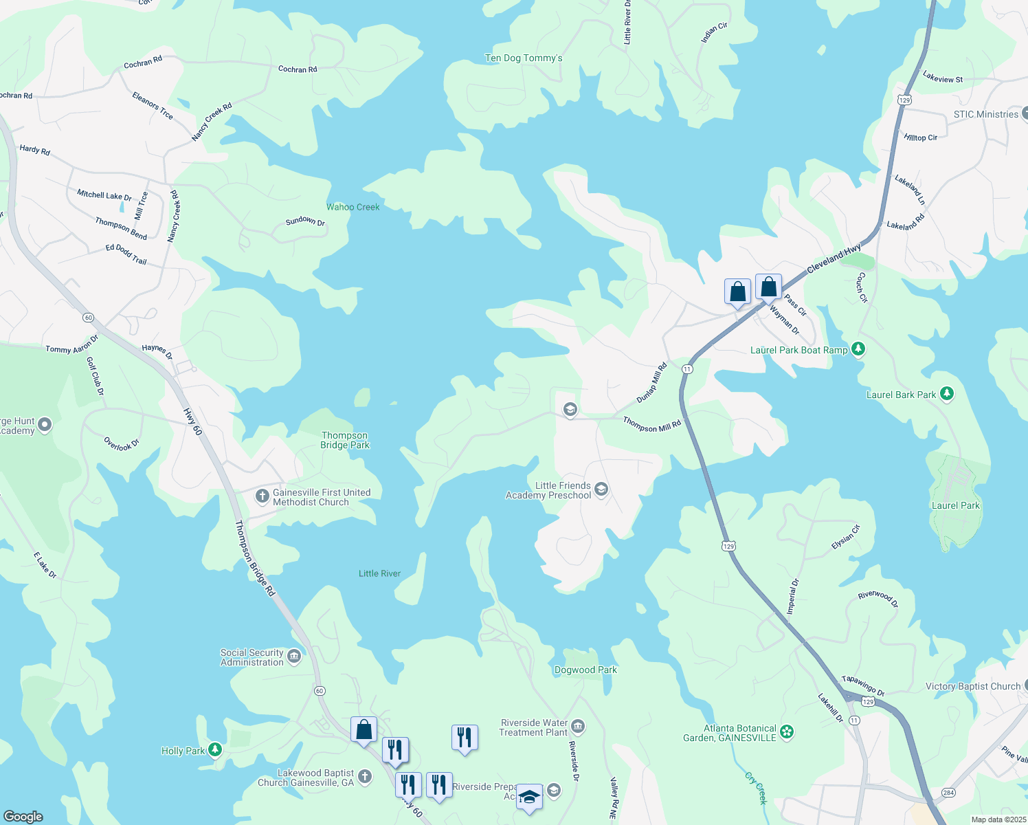 map of restaurants, bars, coffee shops, grocery stores, and more near 2510 Cove Road in Gainesville