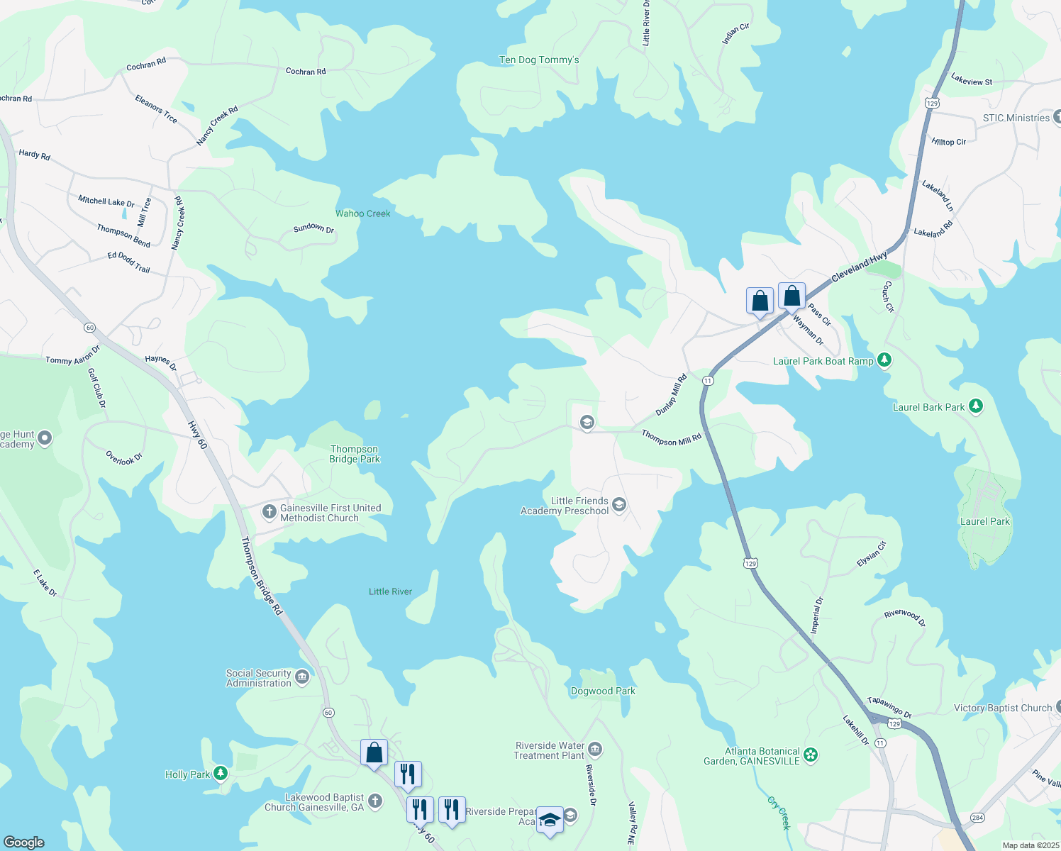 map of restaurants, bars, coffee shops, grocery stores, and more near 2510 Cove Road in Gainesville