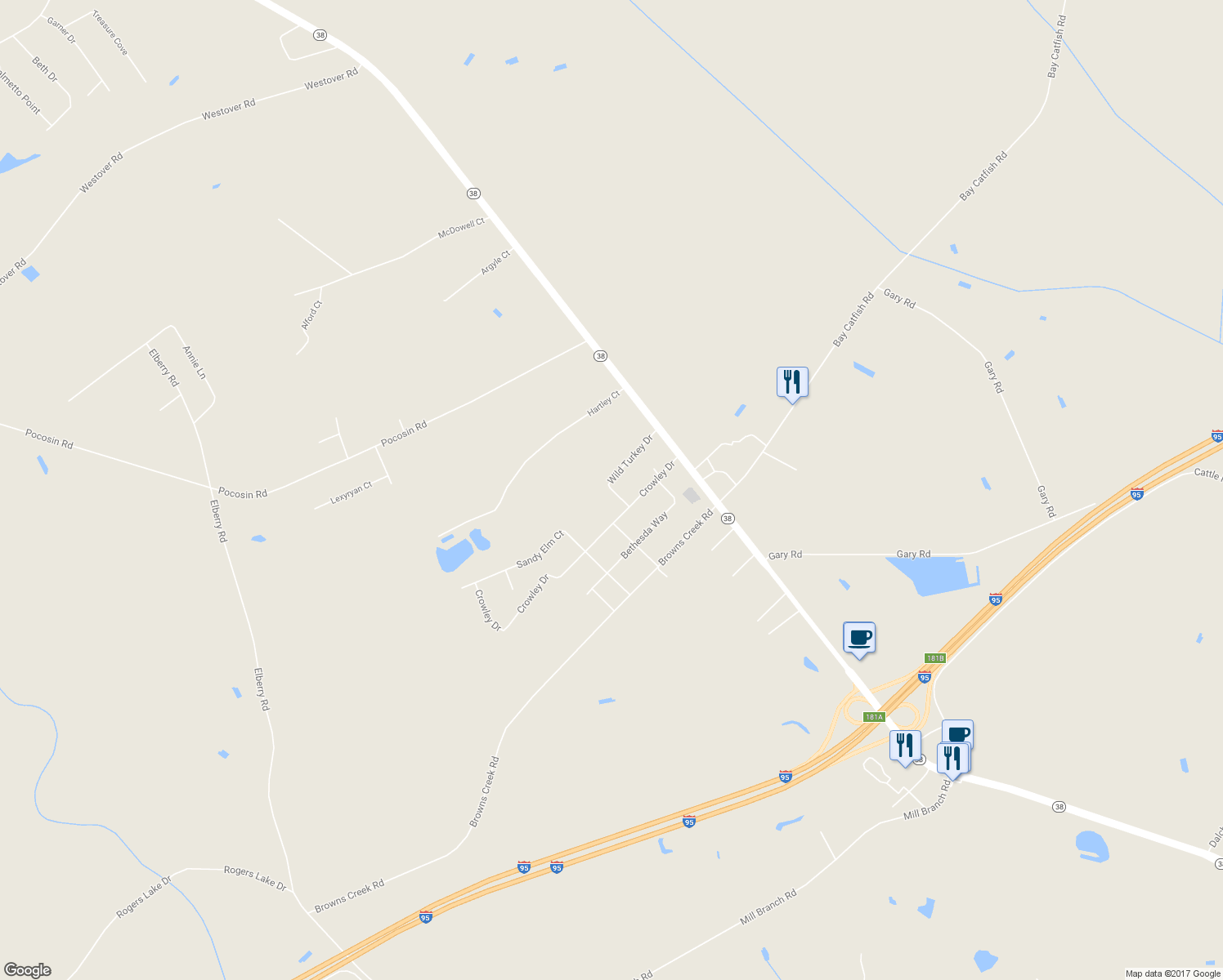 map of restaurants, bars, coffee shops, grocery stores, and more near 126 Wild Turkey Drive in Latta