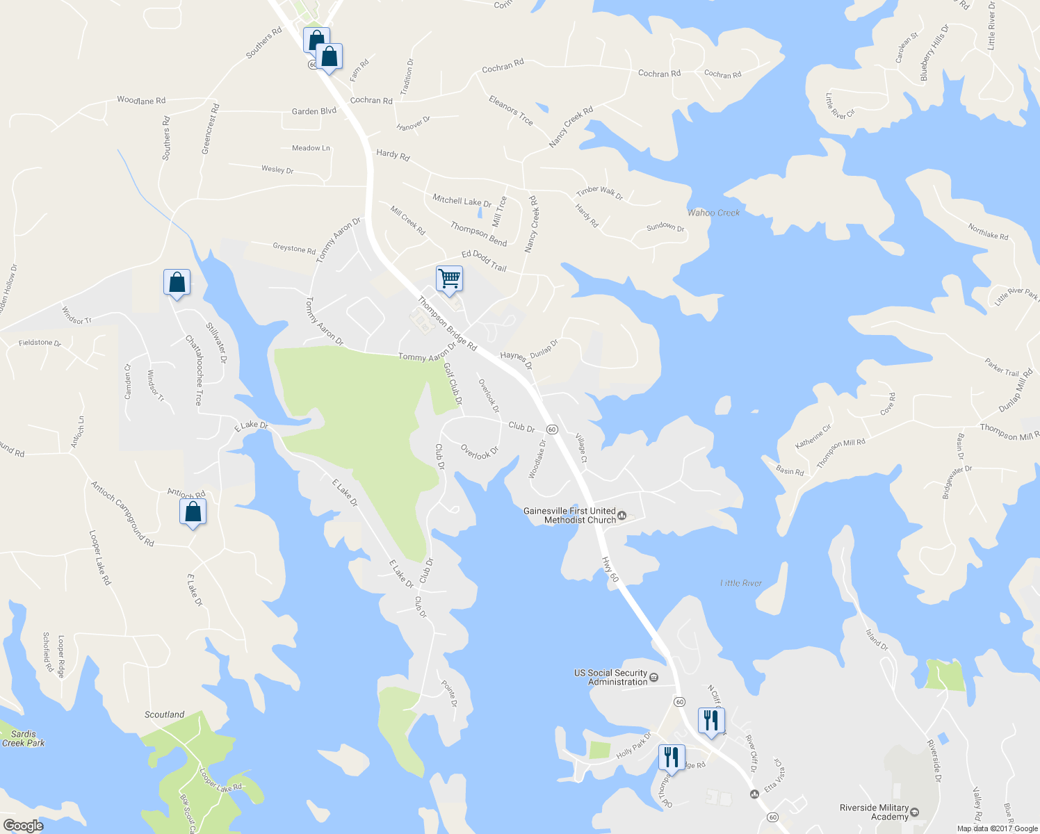 map of restaurants, bars, coffee shops, grocery stores, and more near 60 Club Drive in Gainesville