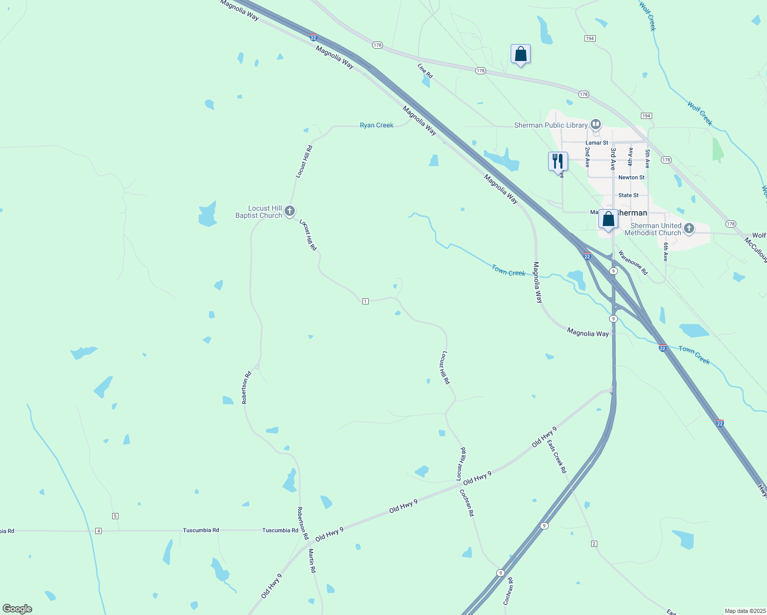 map of restaurants, bars, coffee shops, grocery stores, and more near 1166-2304 County Road 1 in Pontotoc County