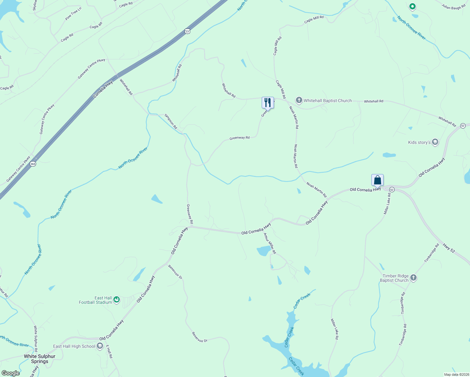 map of restaurants, bars, coffee shops, grocery stores, and more near 4067 Country Lane in Gainesville