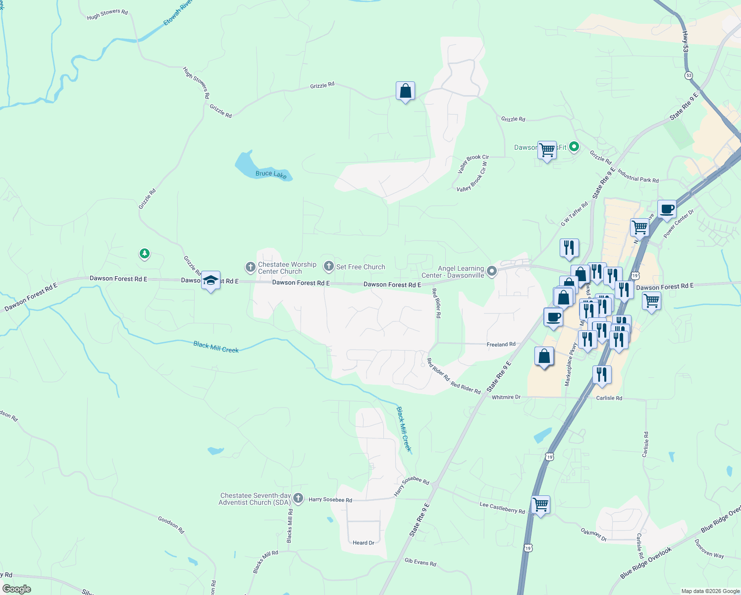 map of restaurants, bars, coffee shops, grocery stores, and more near 44 Switchman Lane in Dawsonville