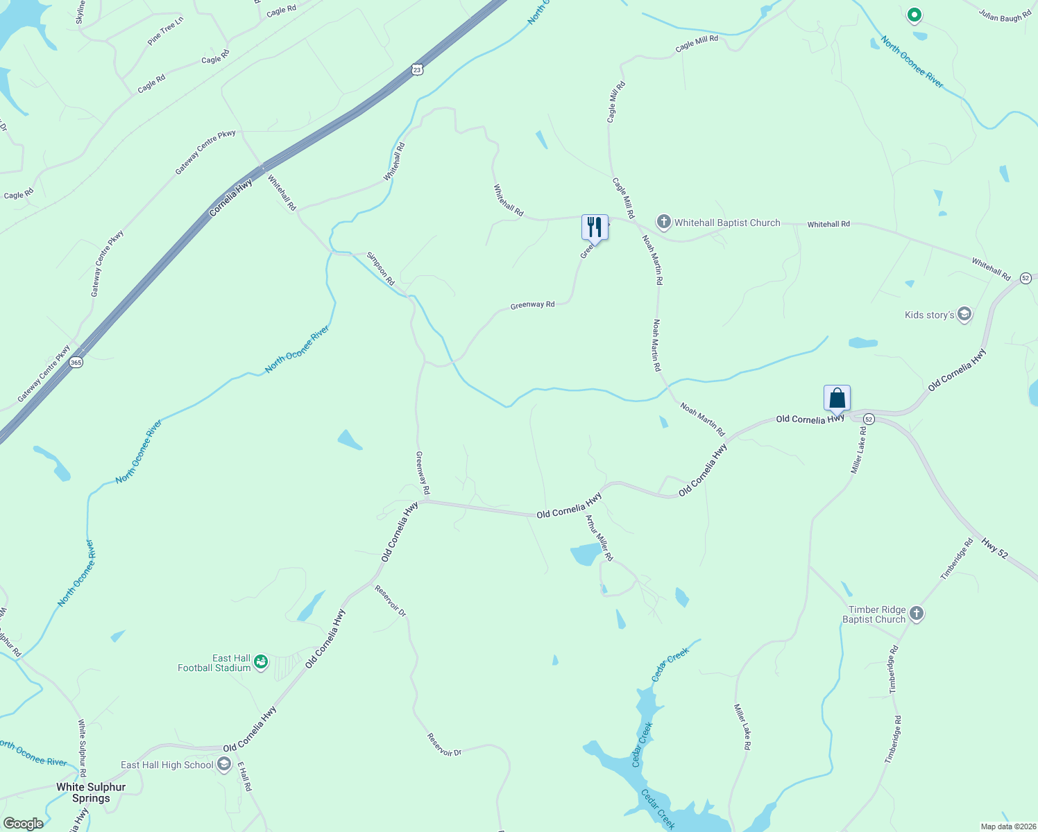 map of restaurants, bars, coffee shops, grocery stores, and more near 4067 Country Lane in Gainesville