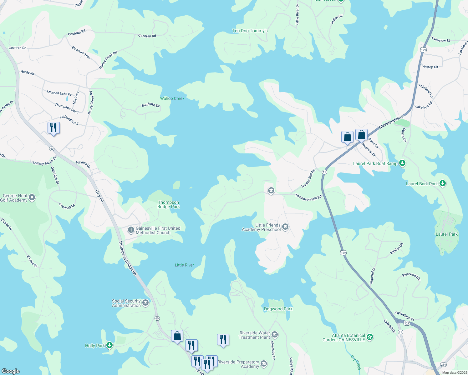 map of restaurants, bars, coffee shops, grocery stores, and more near 2501 Cove Road in Gainesville