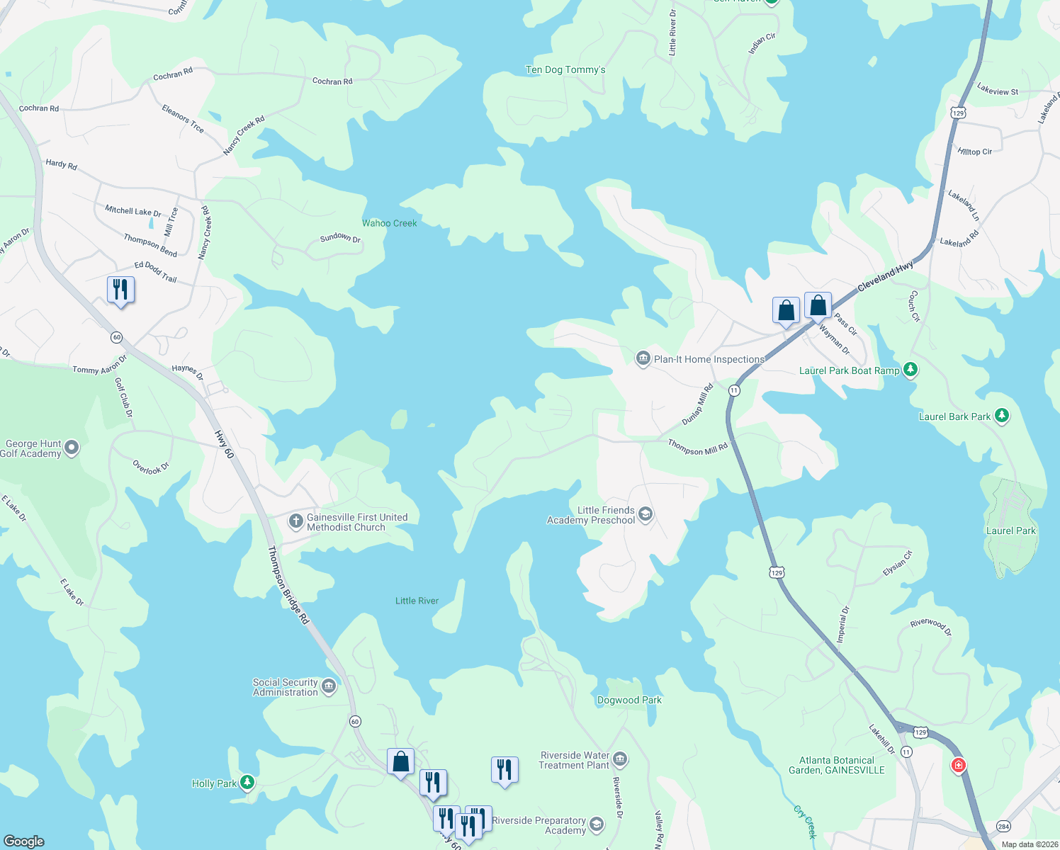 map of restaurants, bars, coffee shops, grocery stores, and more near 2501 Cove Road in Gainesville