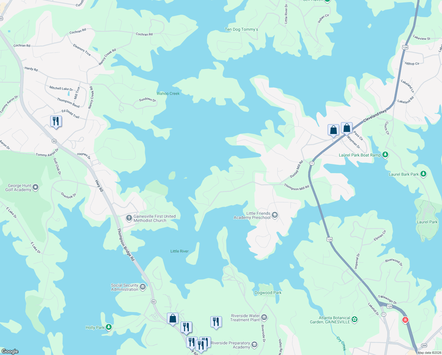 map of restaurants, bars, coffee shops, grocery stores, and more near 2584 Katherine Circle in Gainesville