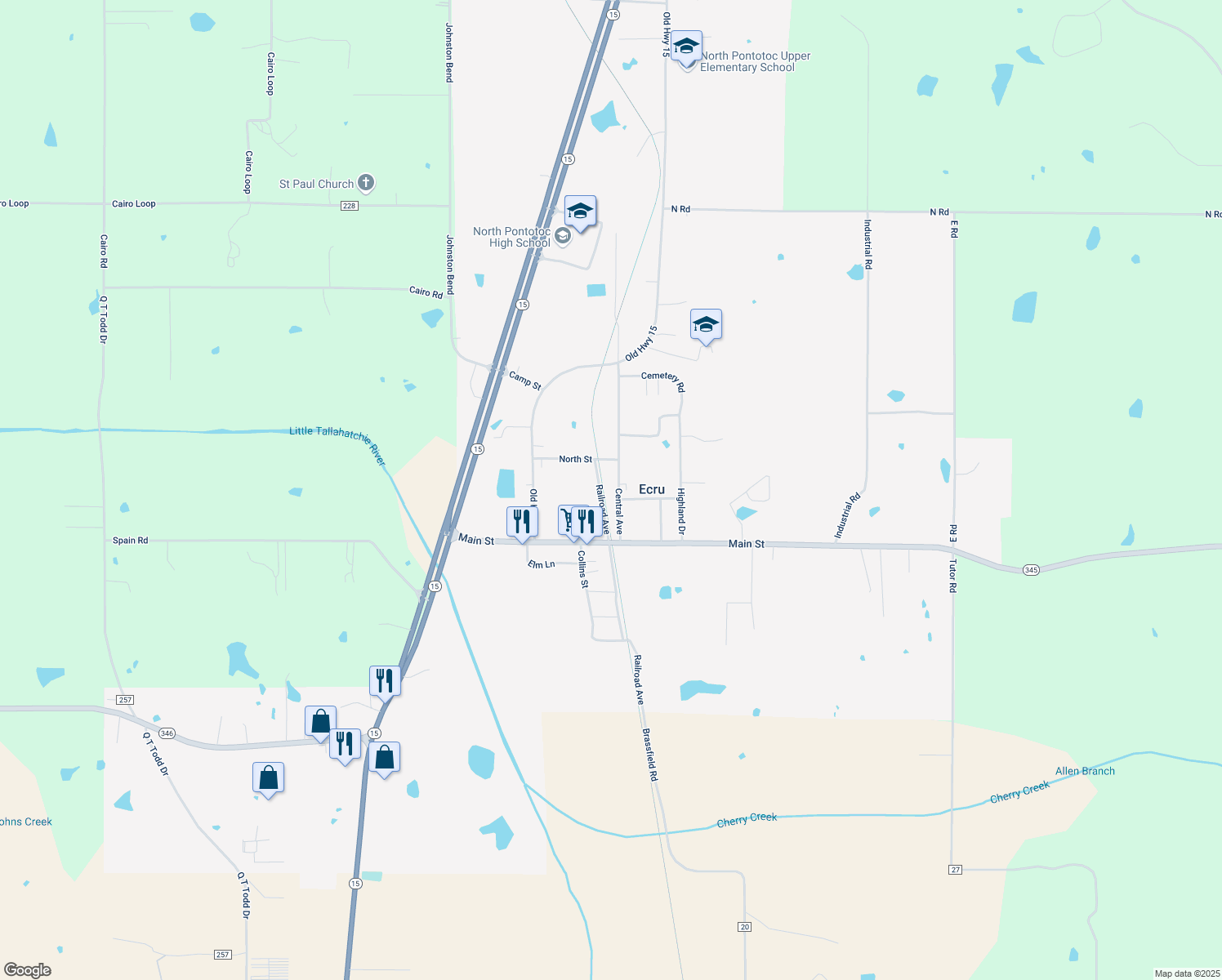 map of restaurants, bars, coffee shops, grocery stores, and more near 163 Central Avenue in Ecru