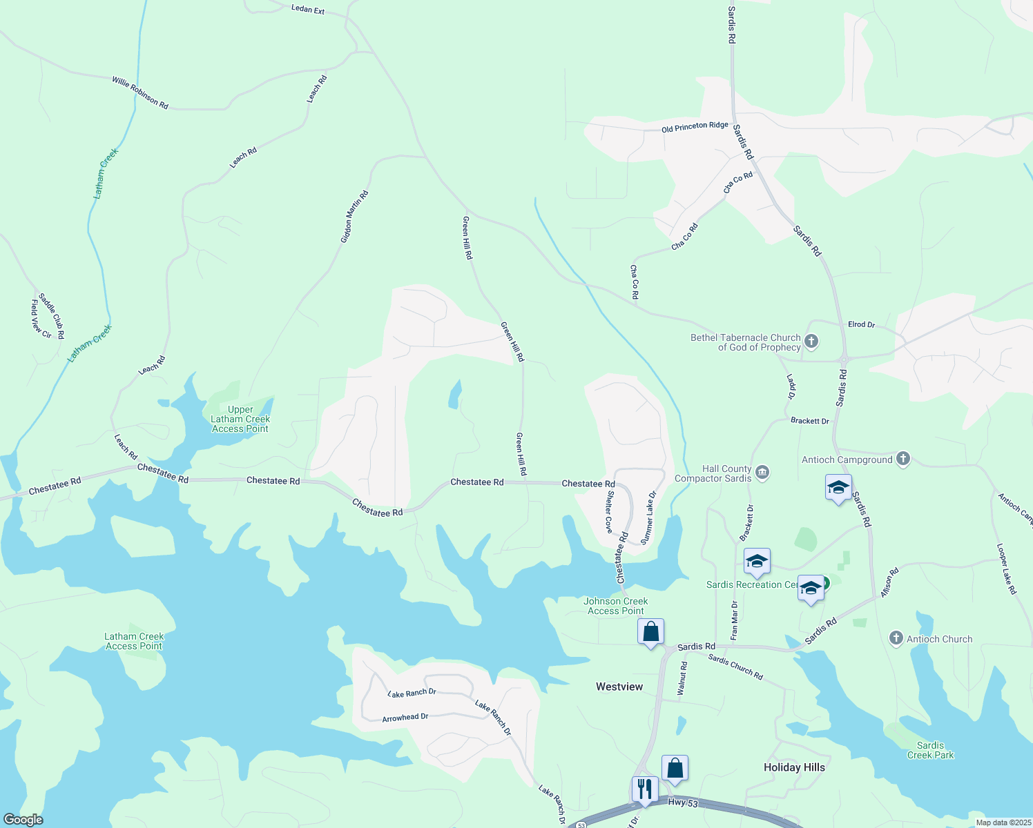 map of restaurants, bars, coffee shops, grocery stores, and more near 4504 Green Hill Road in Gainesville