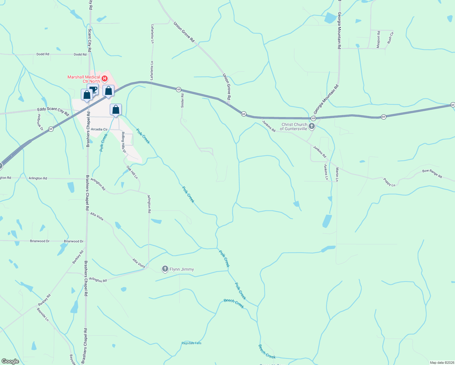 map of restaurants, bars, coffee shops, grocery stores, and more near 101-521 Snider Lane in Guntersville