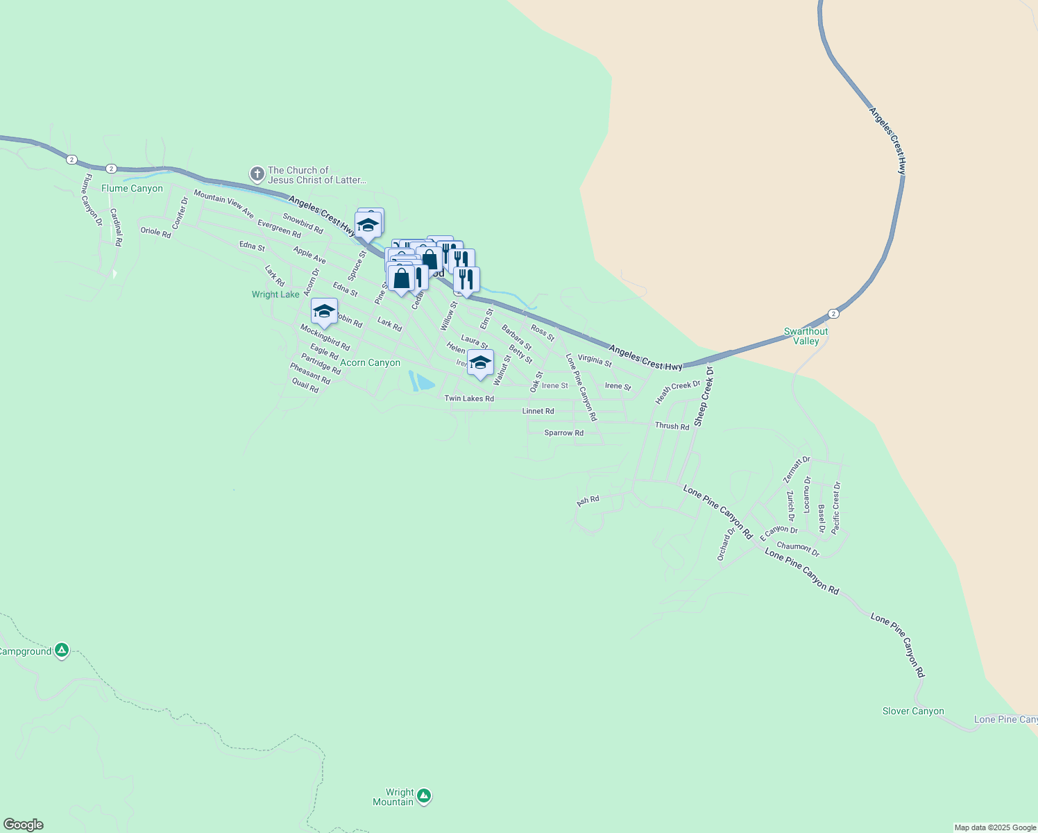 map of restaurants, bars, coffee shops, grocery stores, and more near 1585 Linnet Road in Wrightwood