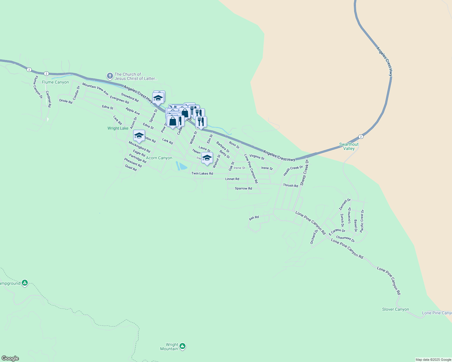 map of restaurants, bars, coffee shops, grocery stores, and more near 5676 Oak Street in Wrightwood