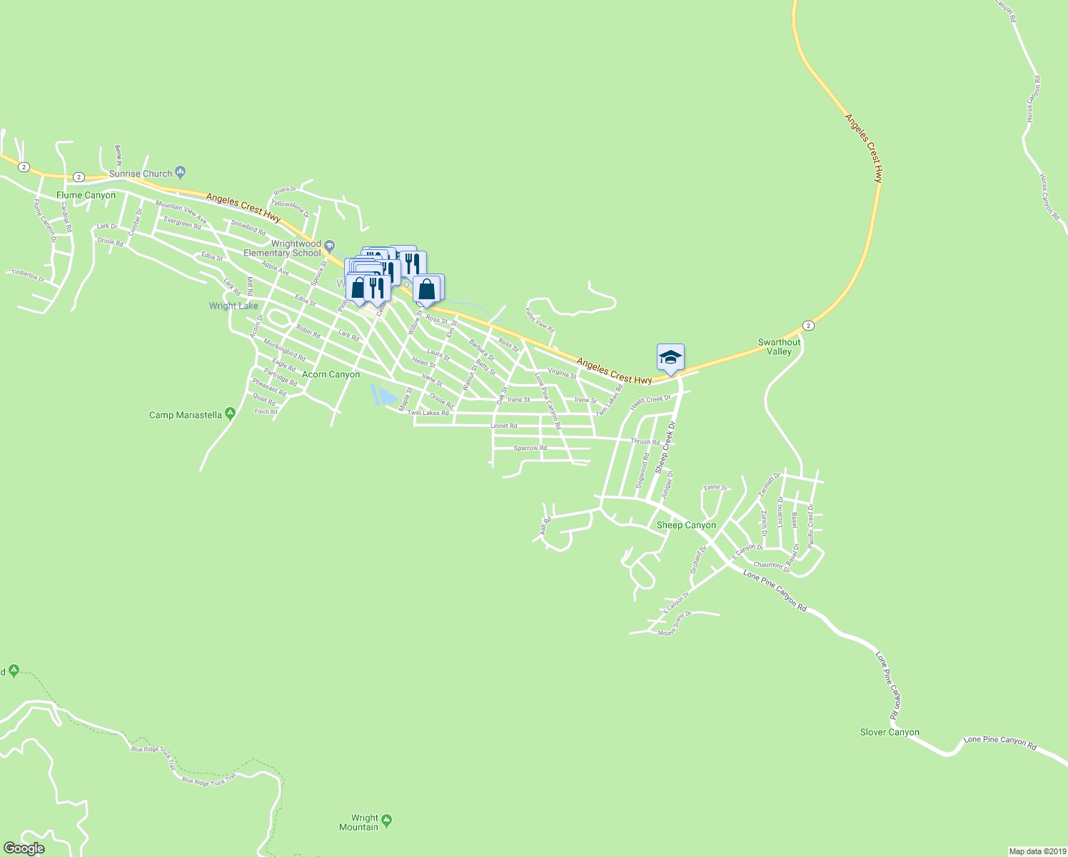 map of restaurants, bars, coffee shops, grocery stores, and more near 1725 Linnet Road in Wrightwood