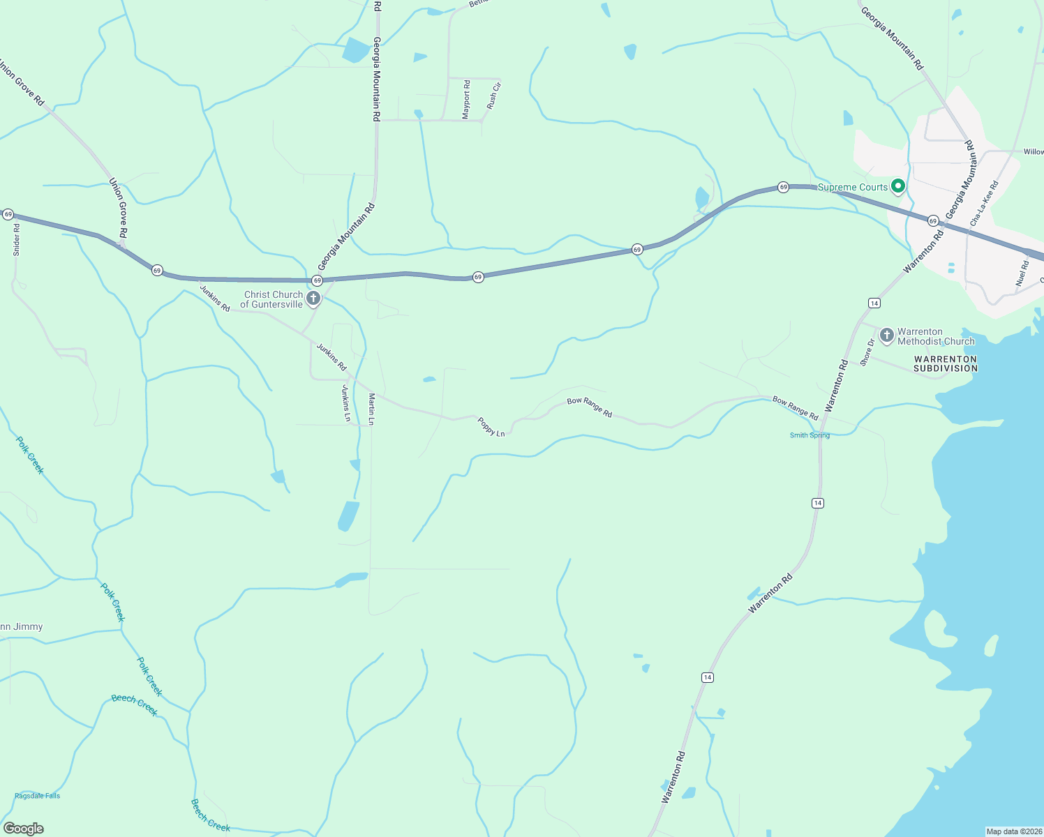 map of restaurants, bars, coffee shops, grocery stores, and more near 332 Poppy Lane in Guntersville