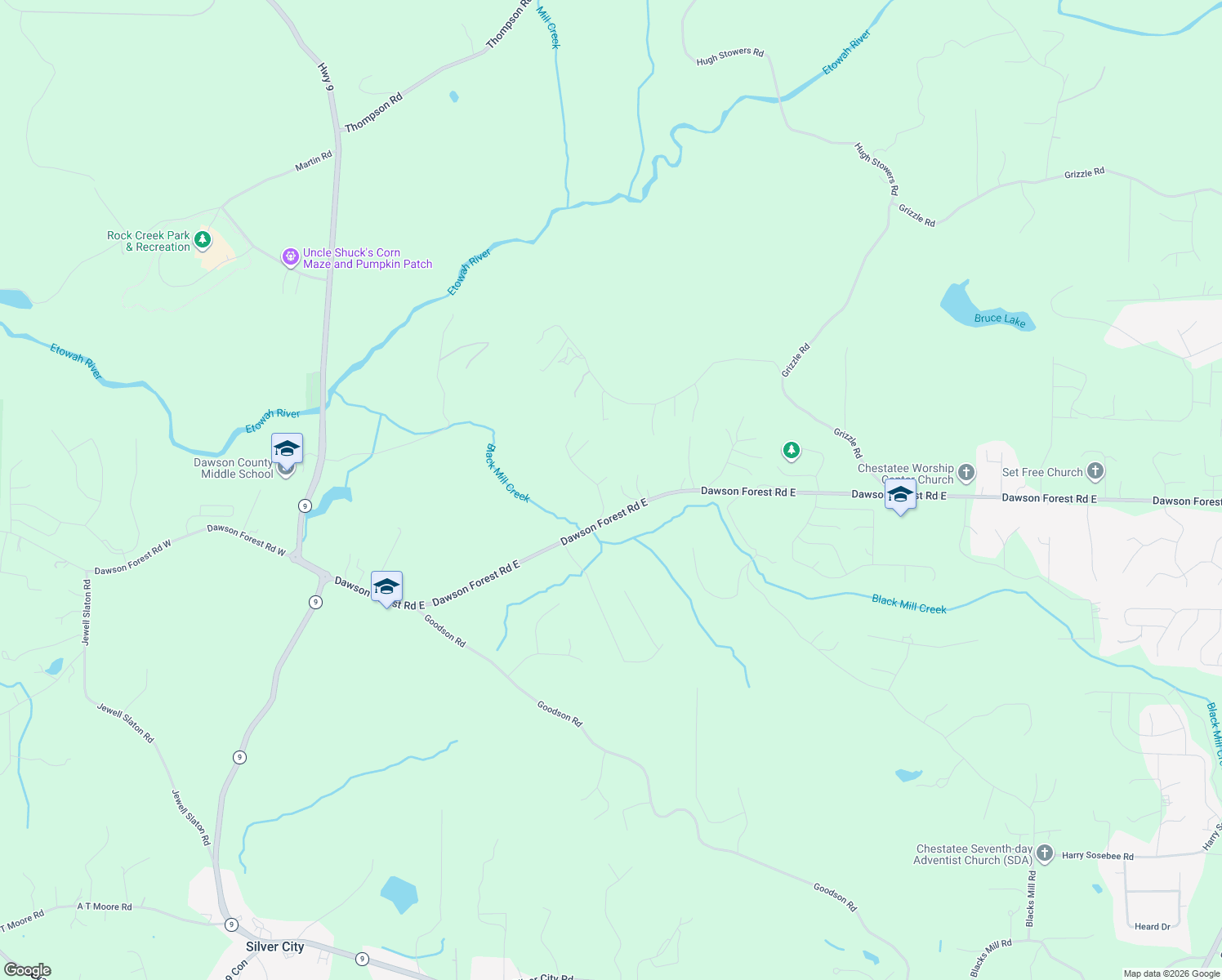 map of restaurants, bars, coffee shops, grocery stores, and more near 92 Blacks Mill Court in Dawsonville