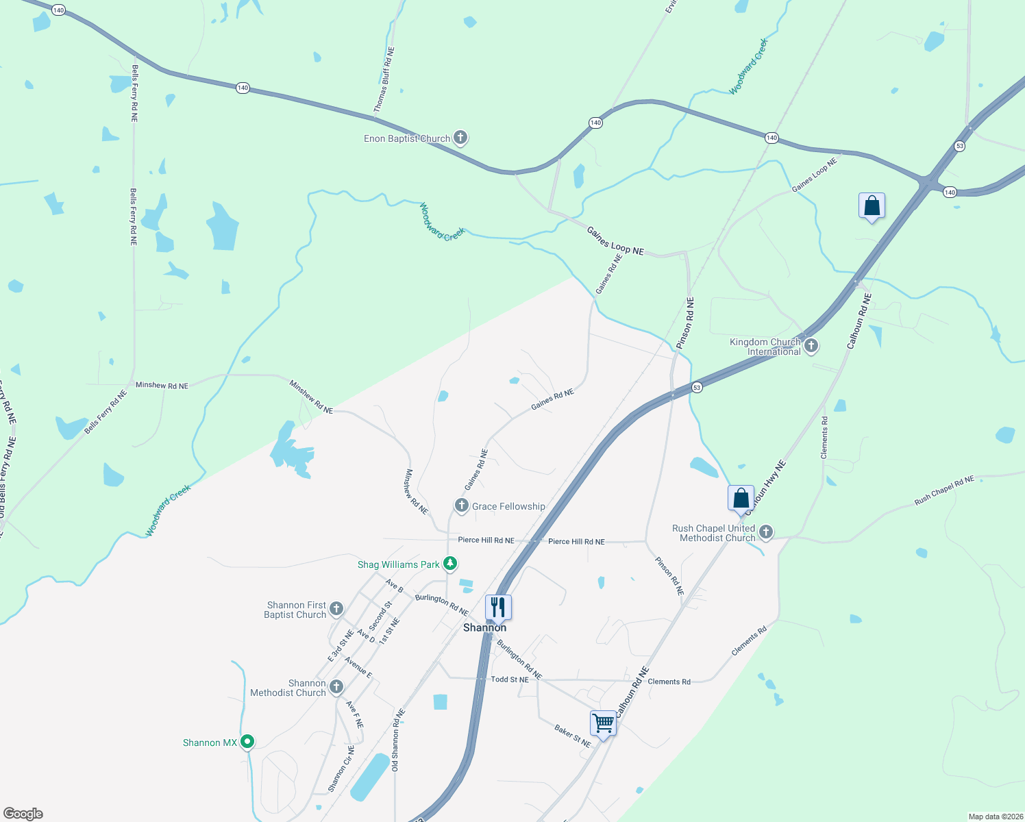 map of restaurants, bars, coffee shops, grocery stores, and more near 265 Gaines Rd NE in Rome