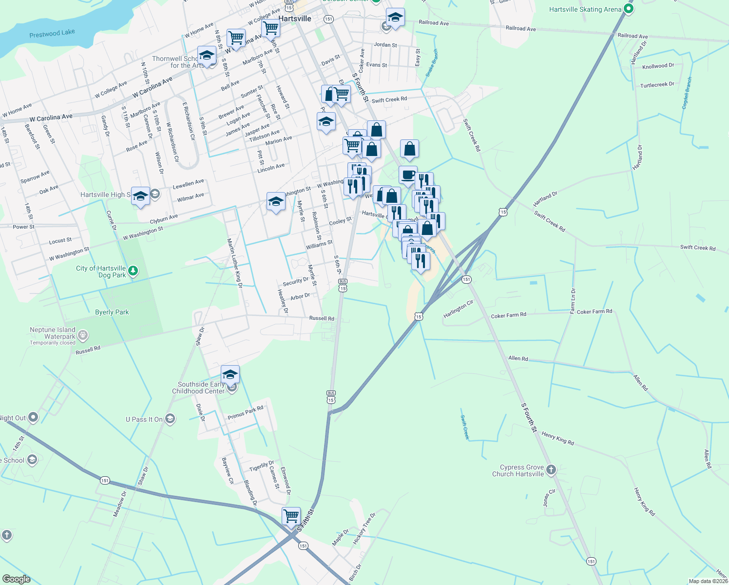 map of restaurants, bars, coffee shops, grocery stores, and more near 1403 South 5th Street in Hartsville