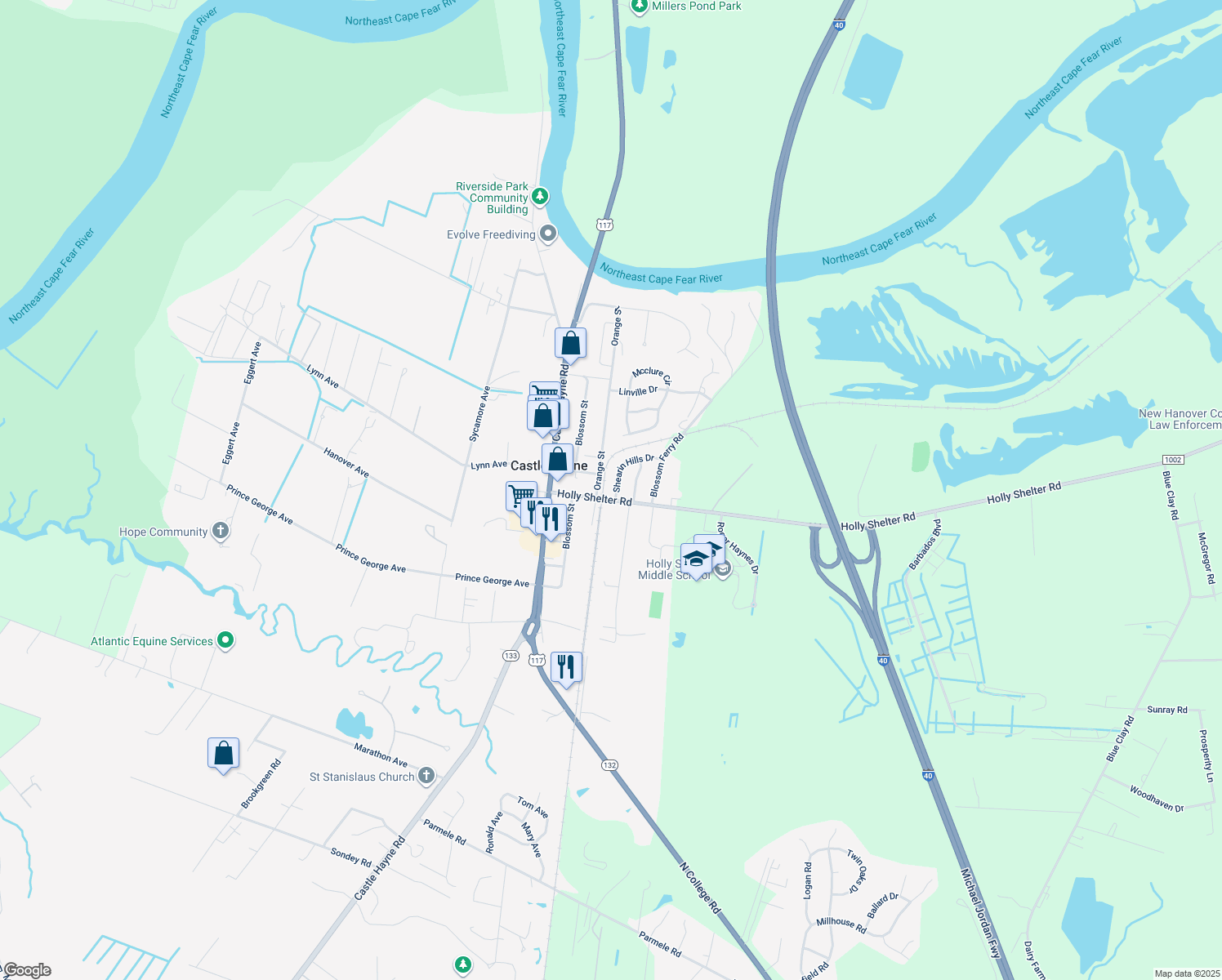 map of restaurants, bars, coffee shops, grocery stores, and more near 103 Shearin Hills Drive in Castle Hayne