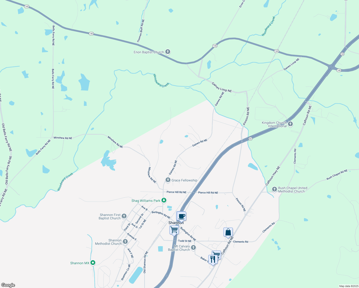 map of restaurants, bars, coffee shops, grocery stores, and more near 107 Winsome Place Northeast in Rome