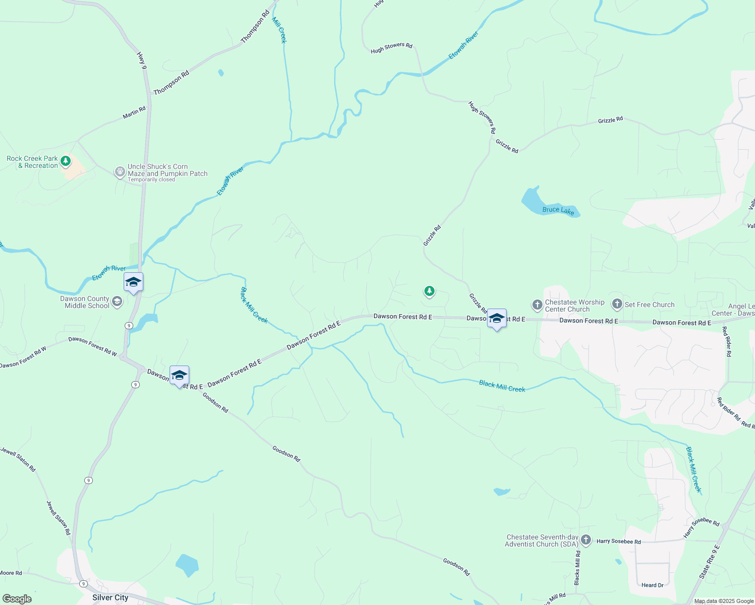 map of restaurants, bars, coffee shops, grocery stores, and more near 61 Blacks Mill Valley Road in Dawsonville