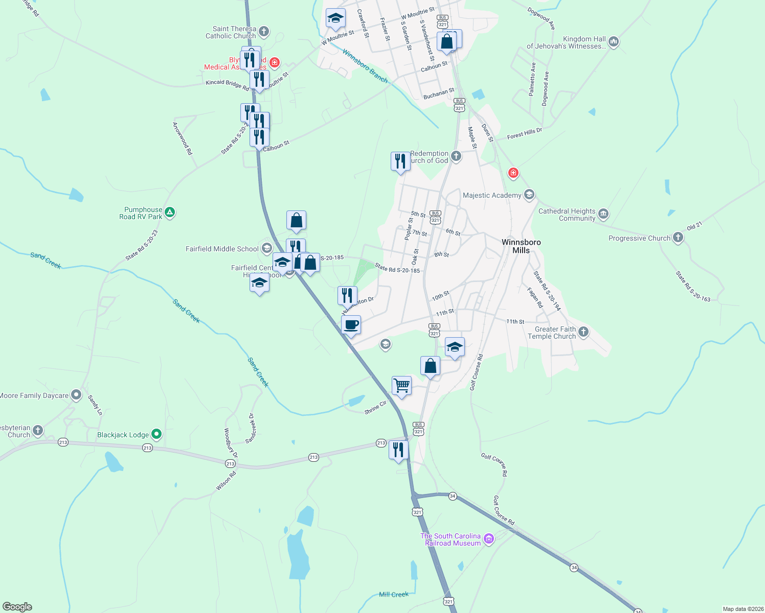 map of restaurants, bars, coffee shops, grocery stores, and more near 221 Hunstanton Drive in Winnsboro