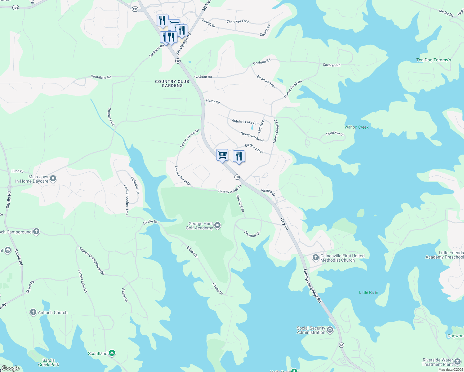 map of restaurants, bars, coffee shops, grocery stores, and more near 280 Tommy Aaron Drive in Gainesville