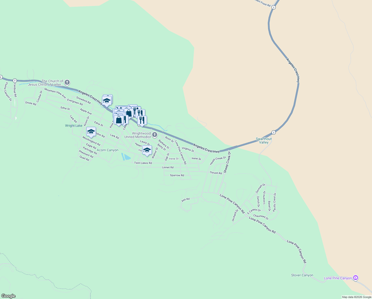 map of restaurants, bars, coffee shops, grocery stores, and more near 1779 Virginia Street in Wrightwood