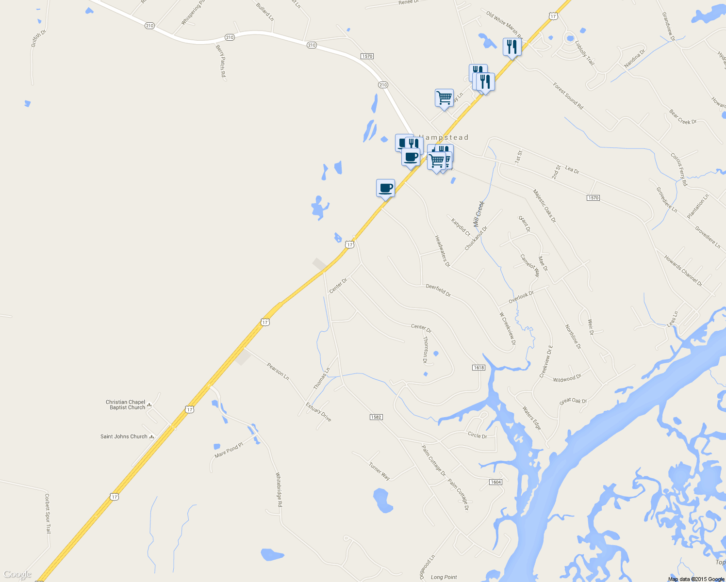 map of restaurants, bars, coffee shops, grocery stores, and more near 134 Center Drive in Hampstead