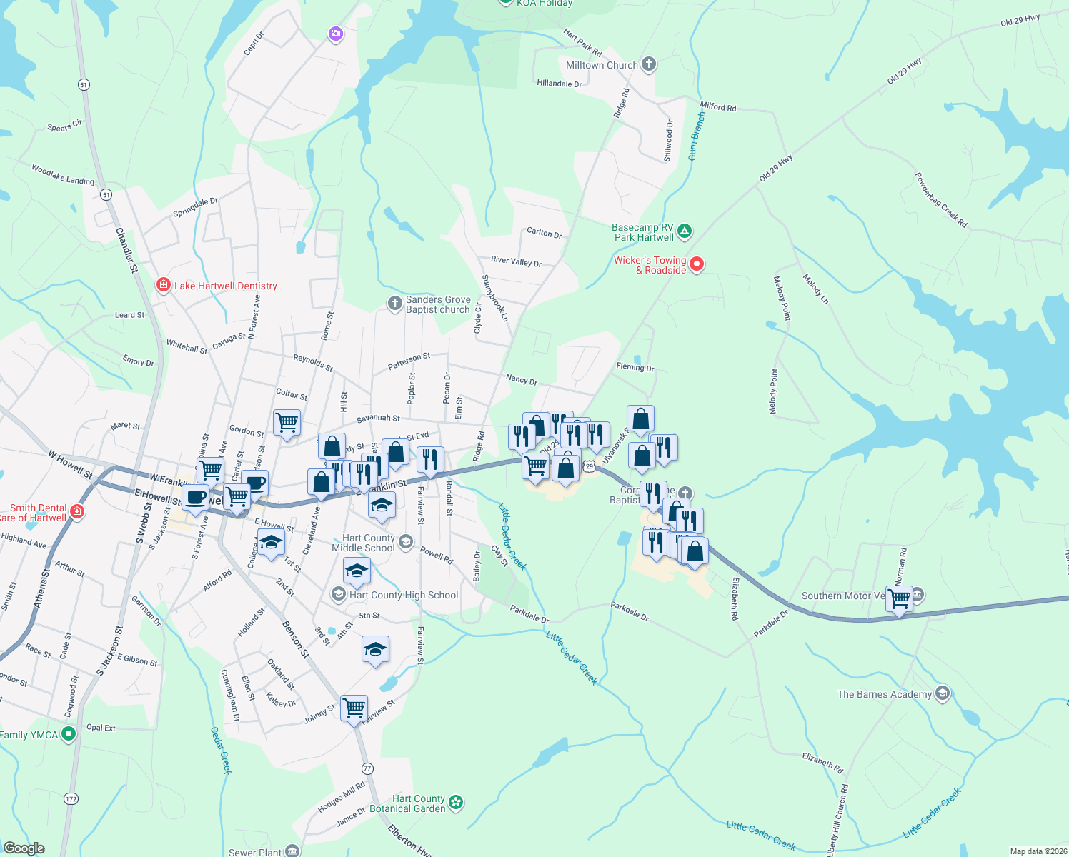 map of restaurants, bars, coffee shops, grocery stores, and more near 816 Savannah Saint Exd in Hartwell