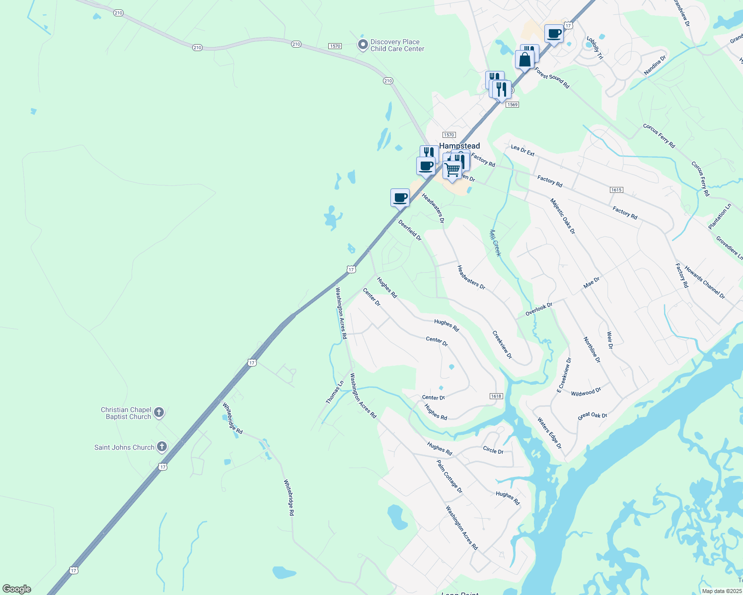 map of restaurants, bars, coffee shops, grocery stores, and more near 124 Center Drive in Hampstead