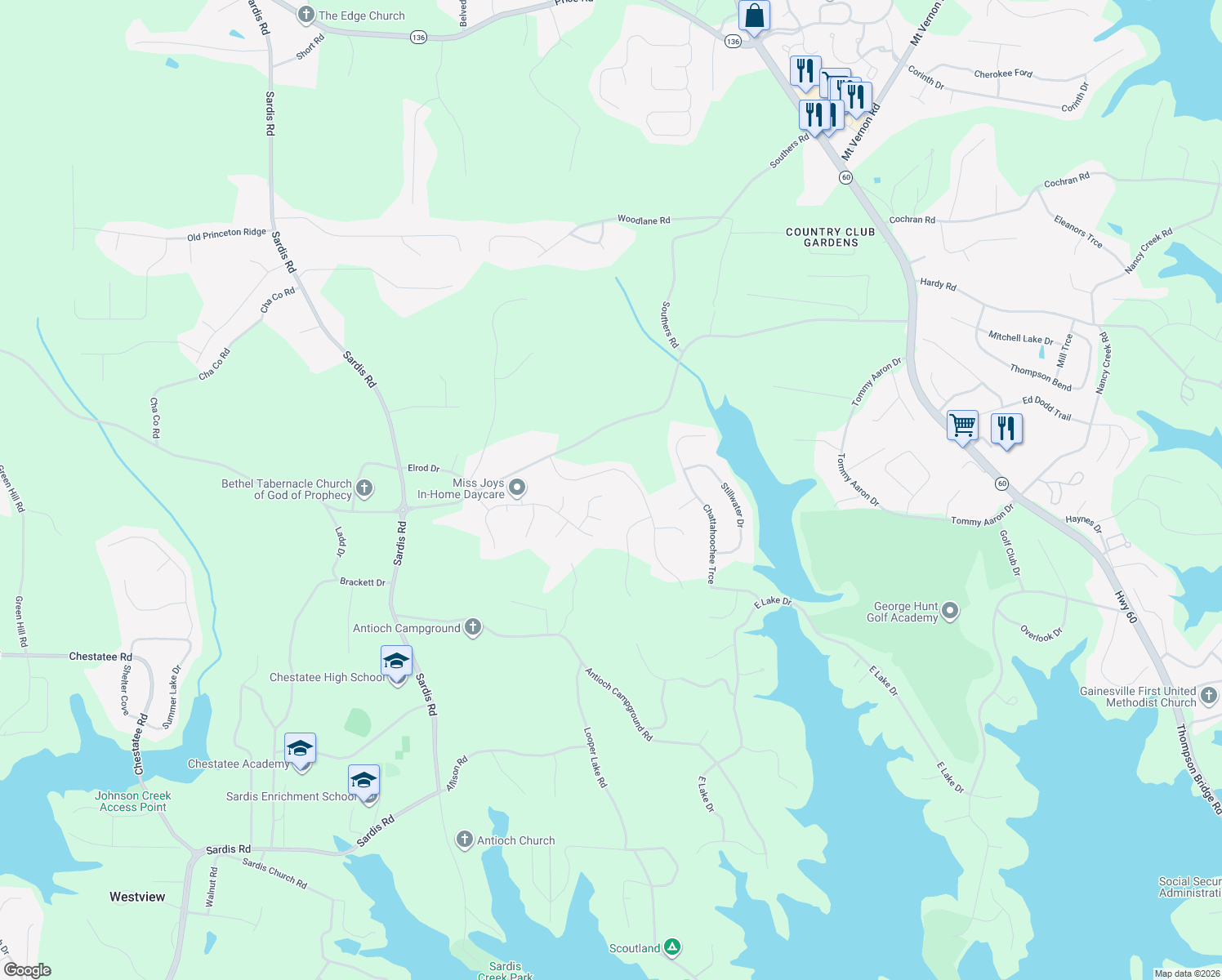 map of restaurants, bars, coffee shops, grocery stores, and more near 3856 Windsor Tr in Gainesville
