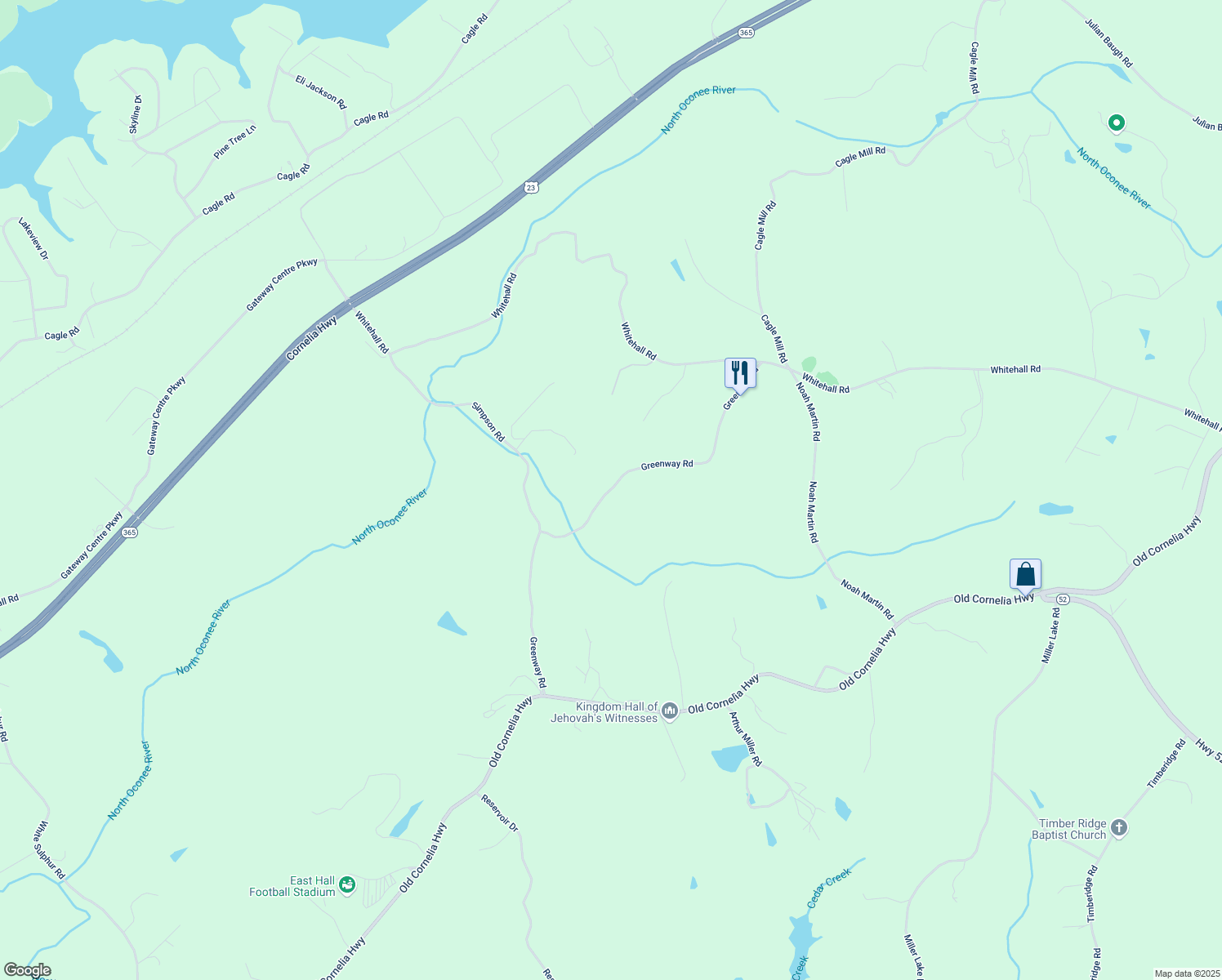 map of restaurants, bars, coffee shops, grocery stores, and more near Greenway Road in Hall County