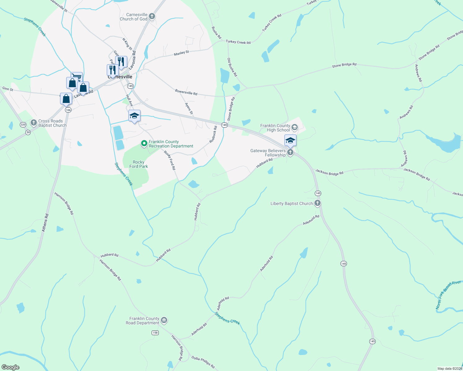 map of restaurants, bars, coffee shops, grocery stores, and more near 660 Hubbard Rd in Carnesville