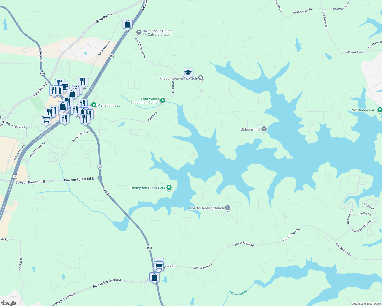 map of restaurants, bars, coffee shops, grocery stores, and more near 93 Ruby Lane in Dawsonville
