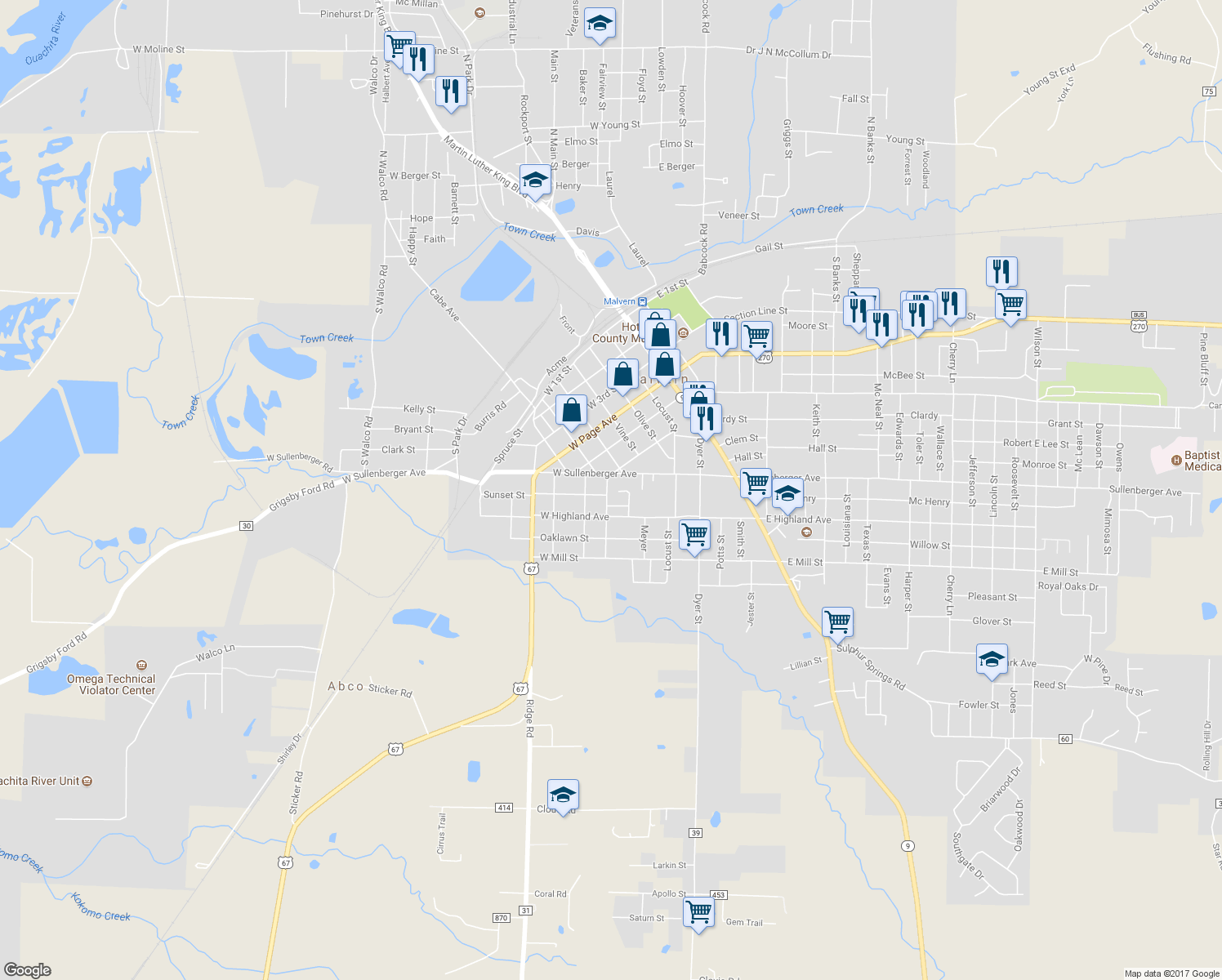 map of restaurants, bars, coffee shops, grocery stores, and more near 1223 Earnest Street in Malvern