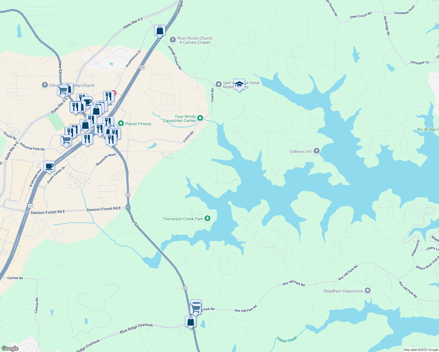 map of restaurants, bars, coffee shops, grocery stores, and more near 86 Sunset Drive in Dawsonville