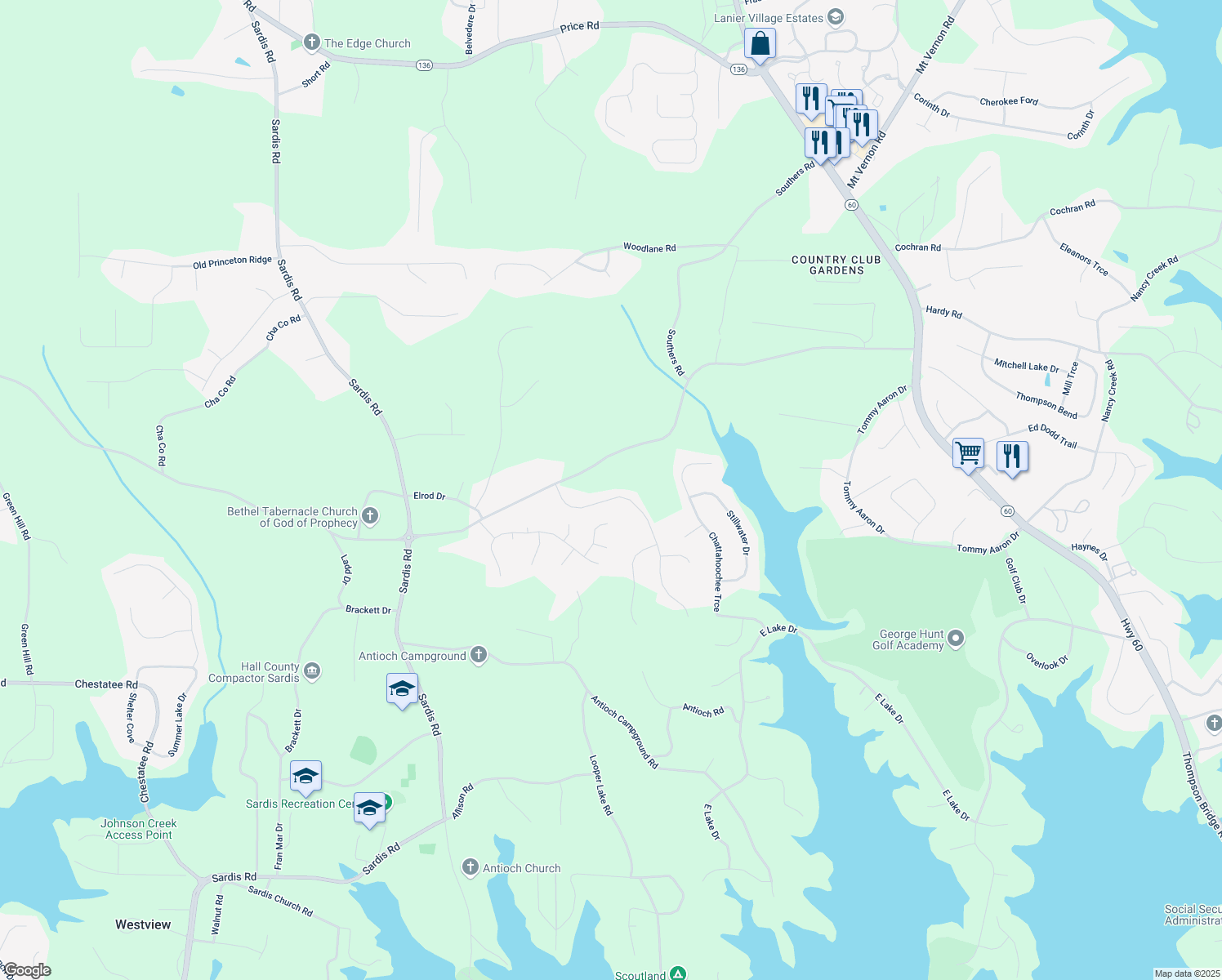 map of restaurants, bars, coffee shops, grocery stores, and more near 3849 Windsor Tr in Gainesville